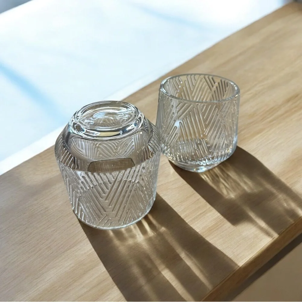 2 Short Glasses With Geometric Design- Crystal Clear Glass- Tapered Width